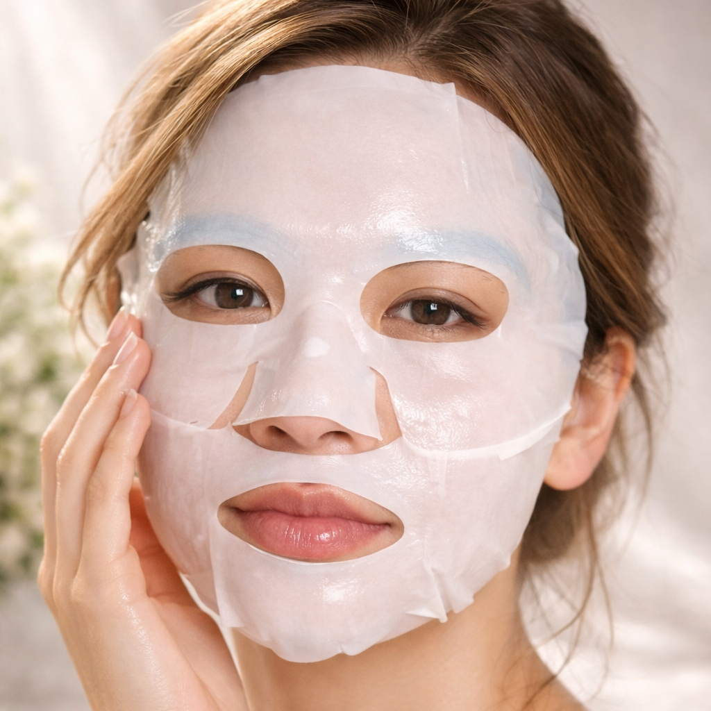 Woman applying a facial mask with a blurred natural background